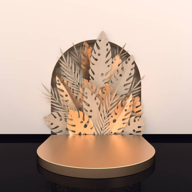 istock Wall scene with arch, tropical paper palm, monstera leaves and frame, podium platform for product presentation. Summer tropical leaf. Pastel and gold colors. Paper cut 3d render 1163609406