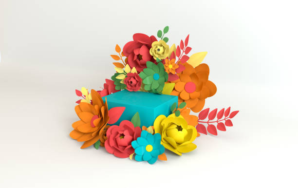 istock Paper flowers and leaves frame, podium platform for product presentation. Summer or spring colorful background. Paper cut 3d render mock up 1163609507