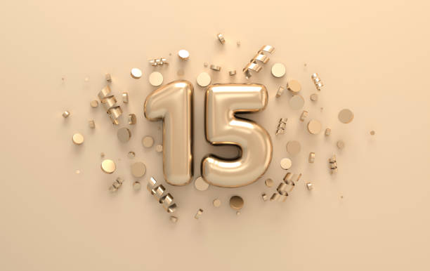Golden 3d number 15 with festive confetti and spiral ribbons. Poster template for celebrating anniversary event party. 3d render Golden 3d number 15 with festive confetti and spiral ribbons. Poster template for celebrating anniversary event party. 3d render number 15 stock pictures, royalty-free photos & images