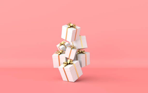 istock 3d rendering of realistic white gift box with golden ribbon bow on pink studio background. Empty space for party, promotion social media banners, posters. 1163610260