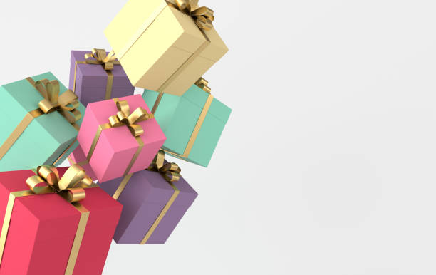 istock 3d rendering of realistic colorful gift box with golden ribbon bow on white background. Empty space for party, promotion social media banners, posters. 1163610264
