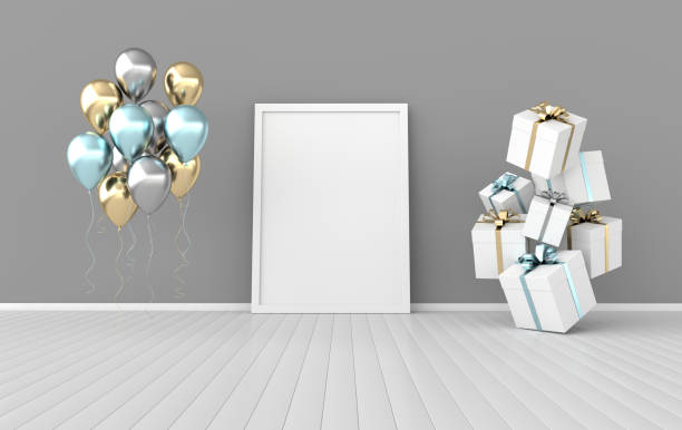 istock 3d render interior with realistic colorful gift boxes with ribbon bows, mock up poster frame, balloons in the room. Empty space for party, promotion social media banners, posters. 1163610265