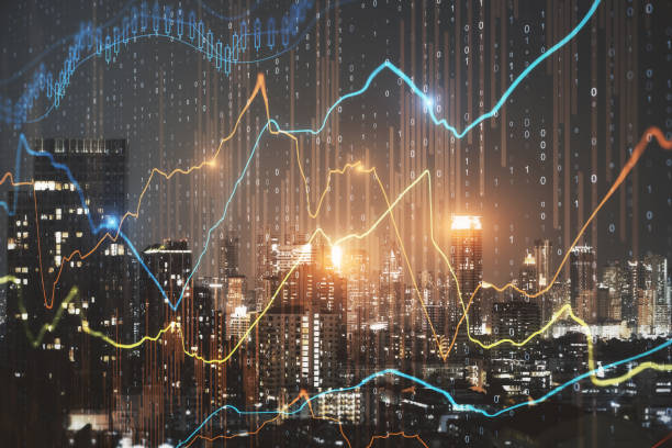 istock Glowing forex chart on city wallpaper 1163612442