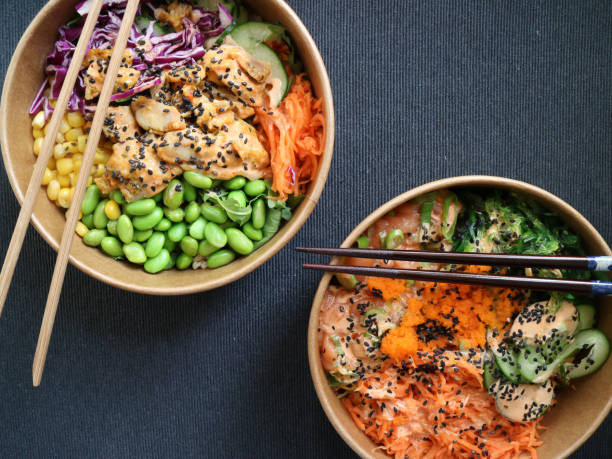 Chicken teriyak poke with salmon poke