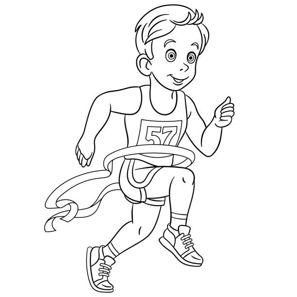 Coloring Page Of Cartoon Boy Running Marathon Winner Stock Illustration -  Download Image Now - iStock