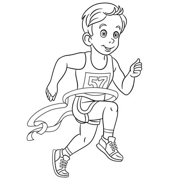 Vector illustration of Coloring page of cartoon boy running, marathon winner