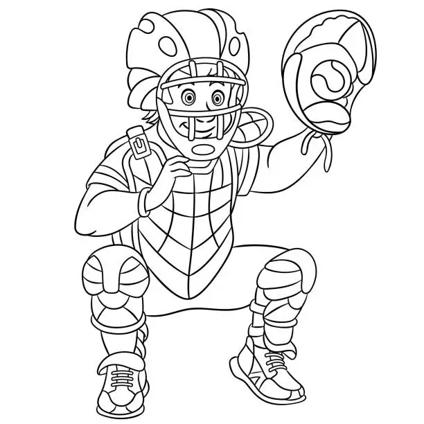 Vector illustration of Coloring page of cartoon catcher, baseball player