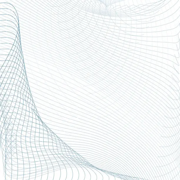 Vector illustration of Vector squiggle, waving curves. Light blue, gray subtle lines. Sound, radio waves concept. Grid tech abstract pattern. Line art futuristic design. White background. Draped net. EPS10 illustration