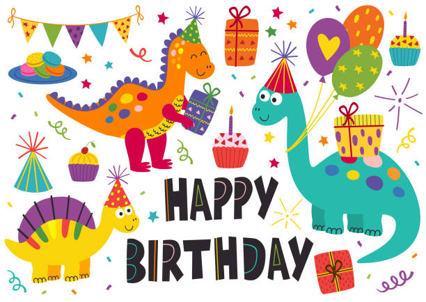 set of isolated cute dinosaurs Happy Birthday set of isolated cute dinosaurs Happy Birthday - vector illustration, eps dinosaur birthday stock illustrations