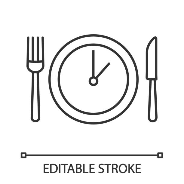 Lunch time icon Lunch time linear vector icon. Dinner break. Afternoon business meeting. Business lunch. Table knife, fork and plate with clock. Editable stroke lunch icons stock illustrations