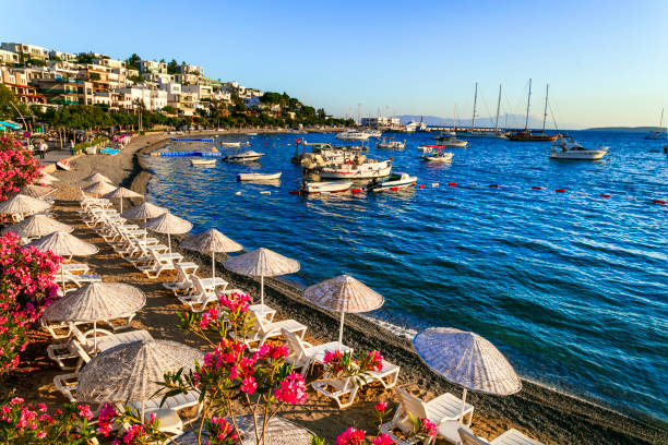 Bodrum, Turkey -  summer holidays. great beaches of old town scenery of Bodrum, popular touristic place for summer vacation in Turkey french riviera photos stock pictures, royalty-free photos & images