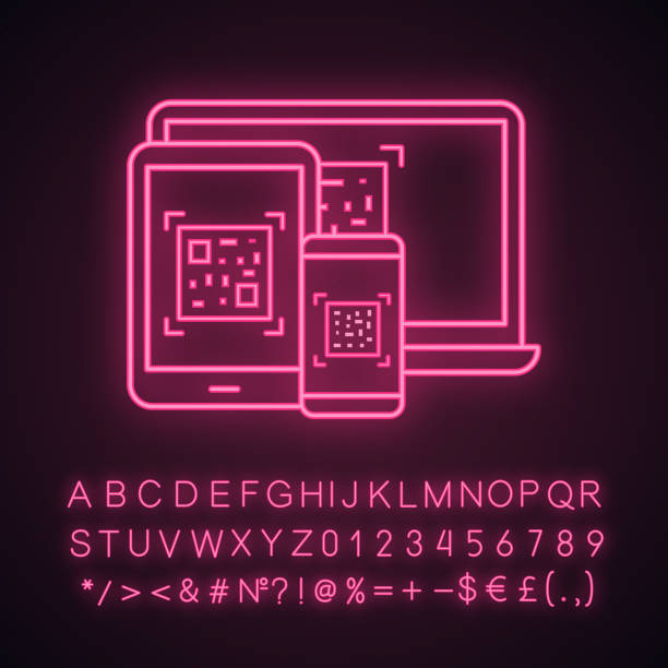 QR codes on different devices icon QR codes on different devices neon light icon with glowing alphabet, numbers and symbols. Barcodes generator. Codes on laptop, smartphone, tablet pc. Barcodes reading and scanning apps qr barcode generator stock illustrations