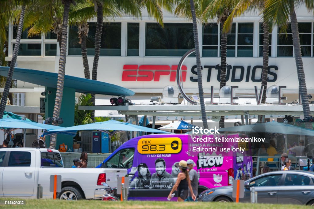 ESPN Studios at The Clevelander Miami Beach Ocean Drive Miami Beach, FL, USA - July 20, 2019: ESPN Studios at The Clevelander Miami Beach Ocean Drive ESPN Stock Photo