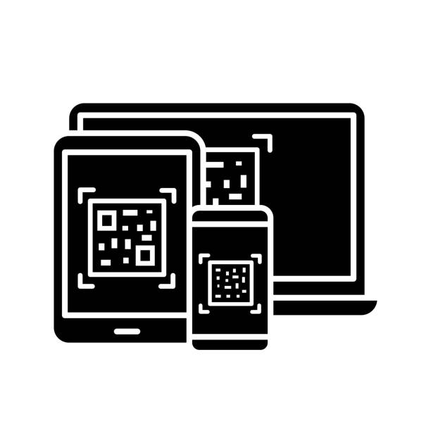QR codes on different devices icon QR codes on different devices glyph icon. Matrix barcodes generator. 2D codes on laptop, smartphone, tablet pc. Barcodes reading, scanning apps. Vector silhouette qr barcode generator stock illustrations