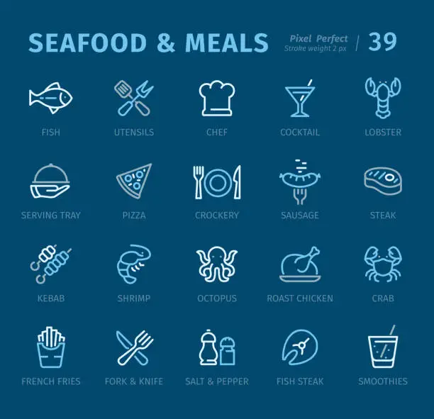 Vector illustration of Seafood and Meals - Outline icons with captions