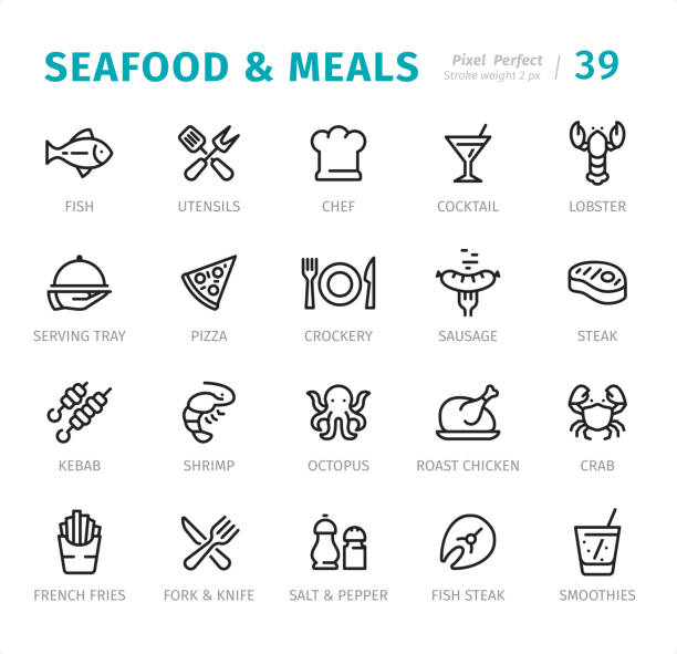 ilustraciones, imágenes clip art, dibujos animados e iconos de stock de mariscos y comidas - pixel iconos de línea perfectos con subtítulos - shrimp cocktail