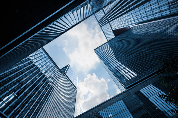 low angle view of skyscrapers in city of china - directly below imagens e fotografias de stock