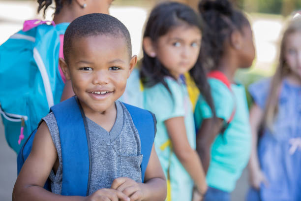 istock Cute preschool age little boy is wearing a backpack and standing outside elementary school with diverse classmates 1163631173
