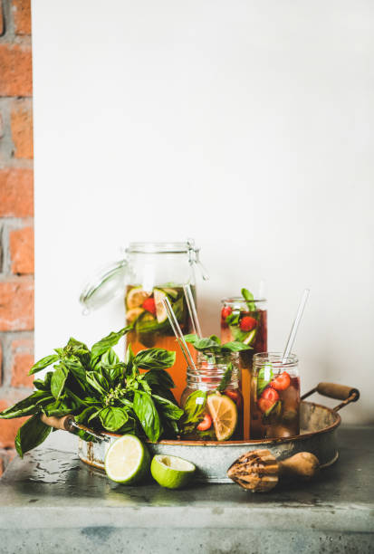 istock Fresh strawberry and basil lemonade in tumblers, copy space 1163635396