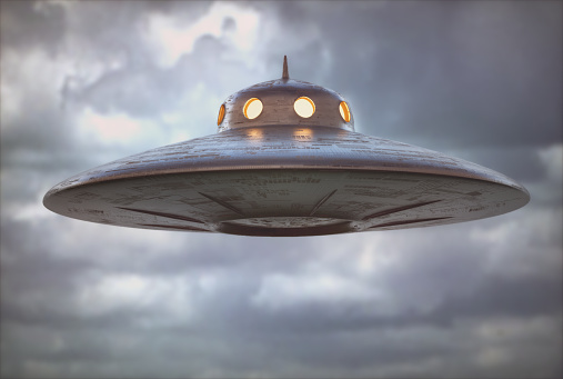 Unidentified flying object. Unidentified object with retro style, old design.