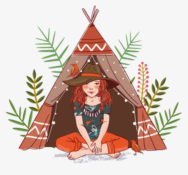 милая девушка с птицей в саду - north american tribal culture environment child plant stock illustrations