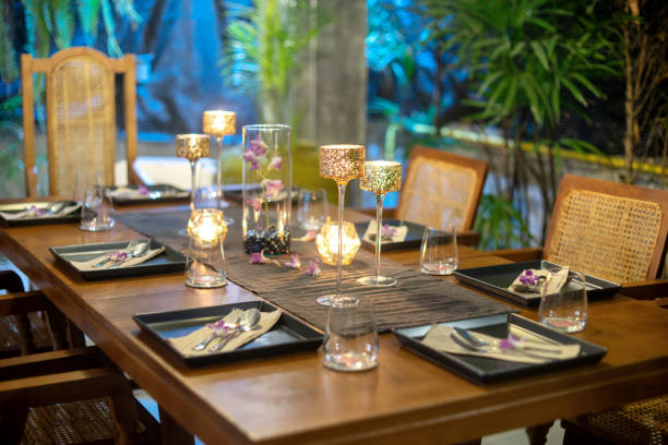 istock Dinner set on the wood table with long wine glass 1163644736