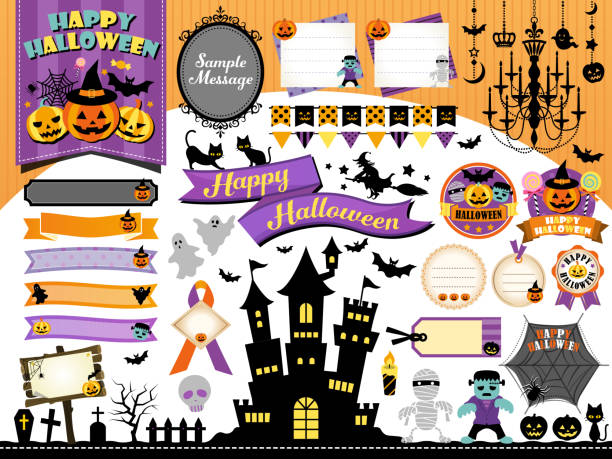 halloween-rahmen-illustration-set / kürbis, schloss, monster - halloween witch domestic cat frame stock-grafiken, -clipart, -cartoons und -symbole