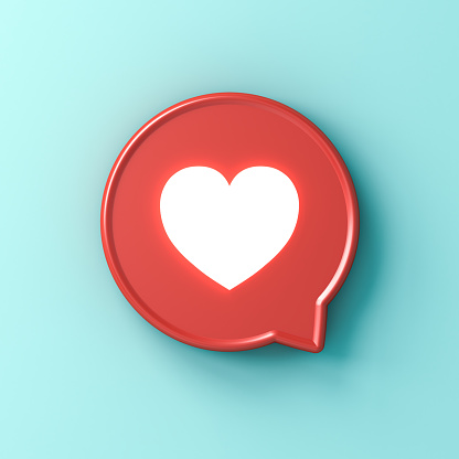 3d social media notification neon light love like heart icon in red rounded square pin isolated on light blue green pastel color  wall background with shadow 3D rendering