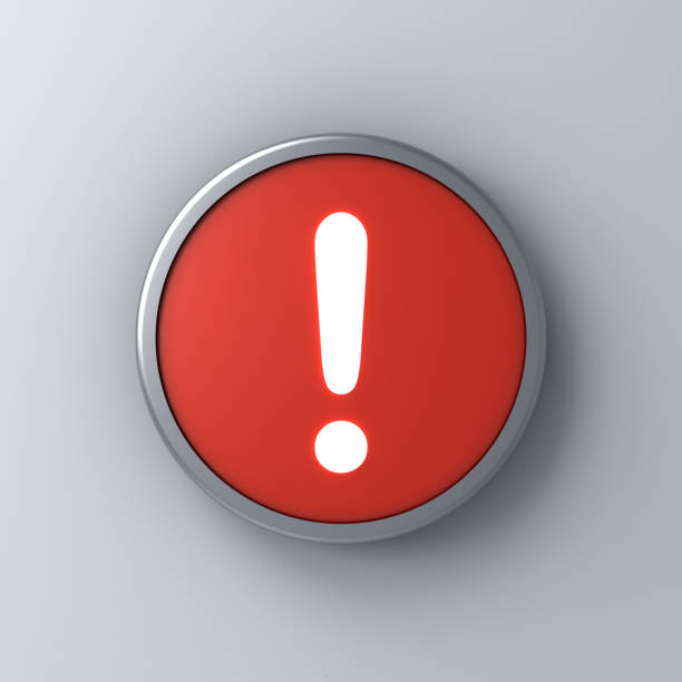Neon light exclamation mark icon in red round sign button isolated on white wall background with shadow 3D rendering