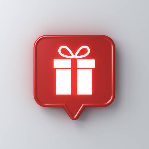 istock Neon light gift icon in red social media notification speech bubble pin isolated on white wall background 1163649268
