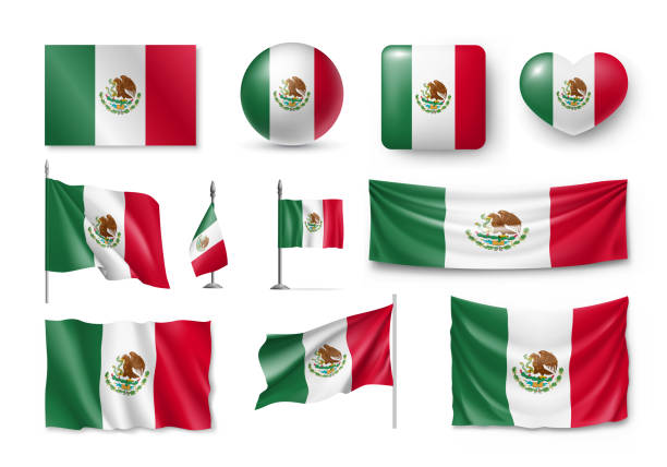 Various flags of Mexico country Various flags of Mexico independent country set. Realistic waving national flag on pole, table flag and different shapes badges. Patriotic mexican 3d rendering symbols isolated vector illustration. mexico stock illustrations