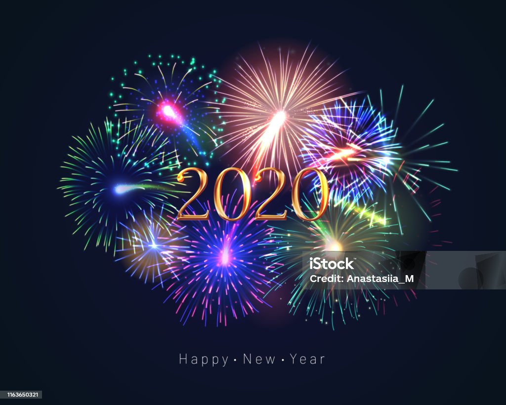 Happy New Year 2020 Greeting Card With Fireworks Stock ...