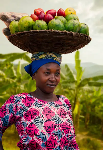 Portrait of a young African woman with headscarf and a basket with fruit on her head, standing near field,  Rwanda