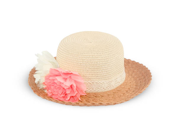 istock Pretty straw hat with flower on white background 1163652108