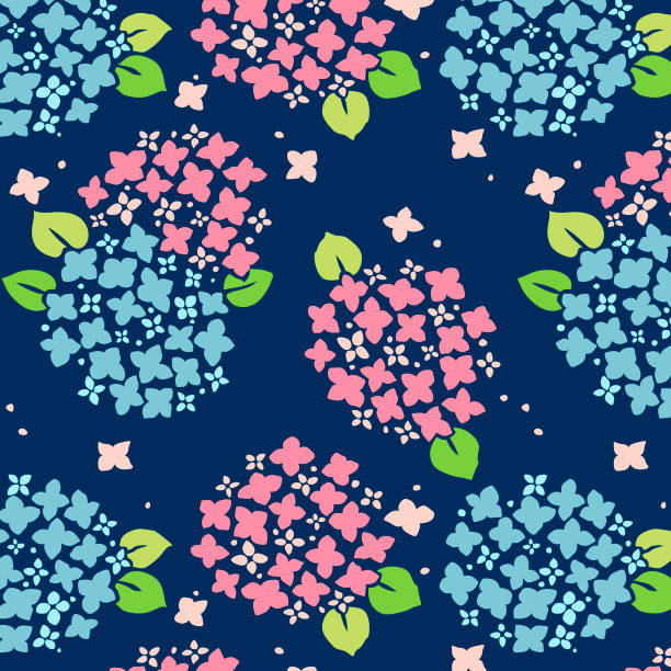 japanische rosa und blau hortensie nahtlose muster - backgrounds green pink silk stock-grafiken, -clipart, -cartoons und -symbole