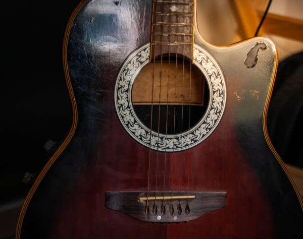 istock Acoustic guitar resting against a wooden background 1163653983