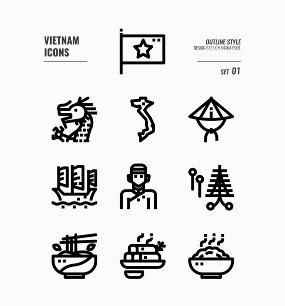 wietnam line icon set 1. - indochina soup flag national flag stock illustrations