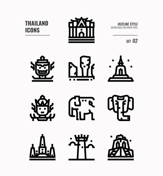 Thailand line icon set 2. Thailand line icon set 2. Include landmark, sculpture, temple, pagoda, elephant and more. Outline icons Design. vector abstract asia backgrounds bangkok stock illustrations