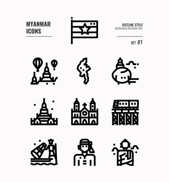 미얀마 라인 아이콘 세트 1. - burma railway stock illustrations