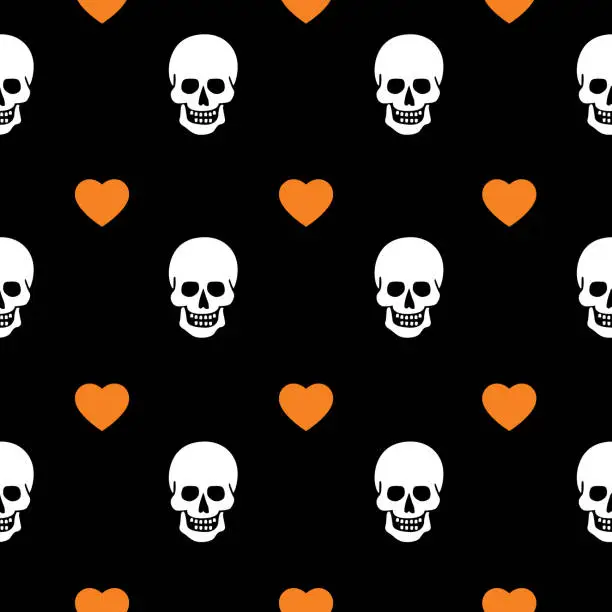 Vector illustration of White Skulls And Orange Hearts Seamless Pattern
