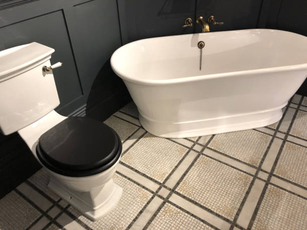 imagem do banheiro luxuoso do banheiro com o grande banho autônomo com extremidades curvadas e a torneira de misturador de bronze, wc antiquado branco do toalete com tampa de madeira, painéis de madeira pintou o papel de parede preto e floral com teste p - bronze decor tile mosaic - fotografias e filmes do acervo