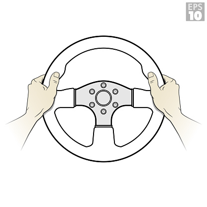Automotive driver holding a racing steering wheel with proper thumb position for safe driving- simplified.