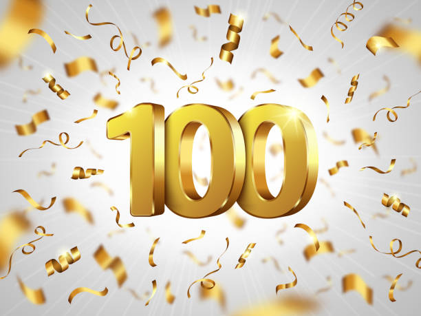 100 year anniversary celebration, realistic banner 100 year anniversary celebration, realistic vector. White background with 3D gold metal numbers and falling shining golden spiral confetti. Festive banner for birthday, wedding party or Christmas sale number 100 stock illustrations