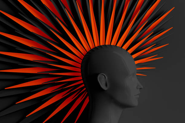 Creative dark background with three-dimensional head of a young woman in profile with stylized Mohawk hairstyle. 3D illustration