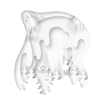Paper cut of white little cottage and deer in the wild on winter season landscape and merry christmas background vector illustration.