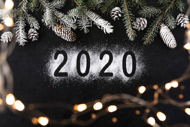 istock Christmas holidays composition on black background with 2020 text 1163664407