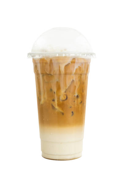 iced caramel macchiato coffee in plastic glass isolated on a white background