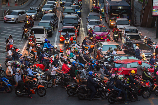 BANGKOK, THAILAND - APRIL 4, 2019: Evening traffic on the streets city center of Bangkok, April 4, 2019, Thailand.