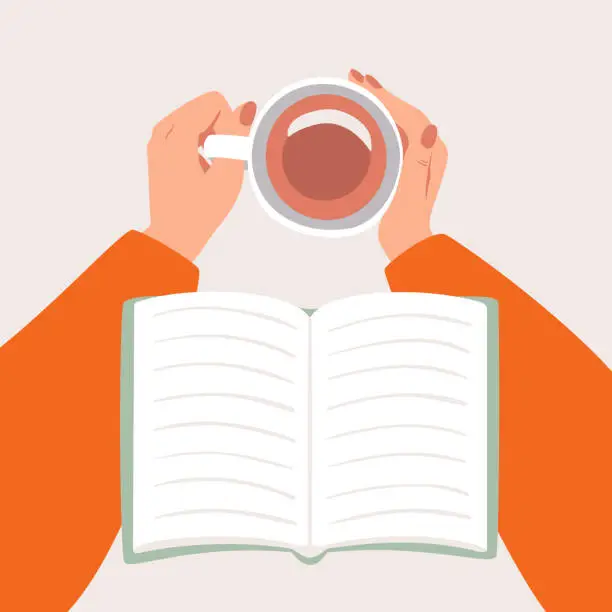 Vector illustration of Top view female hands holding a Cup of coffee or tea and an open book is on hands