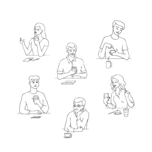 Vector illustration of Talking people vector illustration set with male and female characters sitting at table speaking and listening.